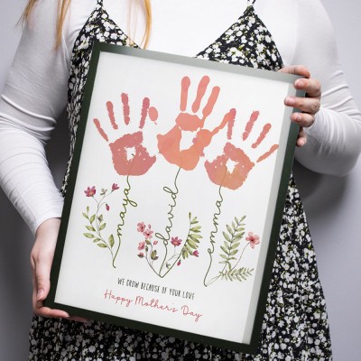 We Grow Because Of You Personalized DIY Handprint Frame Sign With Flower Blooming Family Gifts Mother's Day Gift Ideas