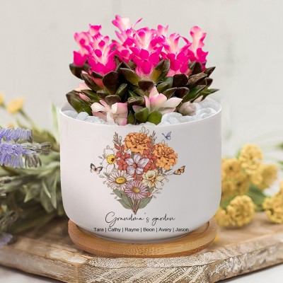 Grandma's Garden Custom Birth Flower Bouquet Plant Pot with Names Unique Gifts for Grandma Mom Mother's Day Gifts
