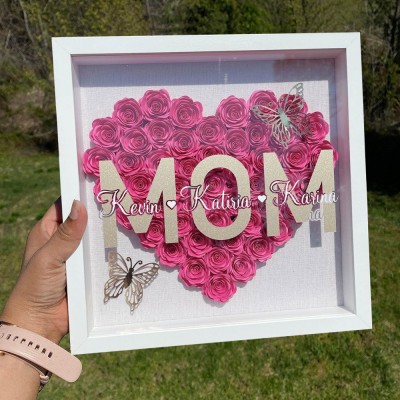 Custom Mom Heart Shaped Monogram Flower Shadow Box with Kids Names Mother's Day Gifts Keepsake Gifts for Mom