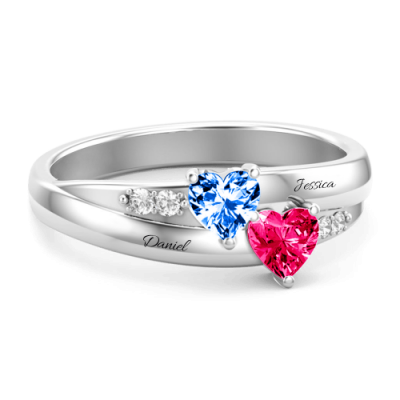 S925 Sterling Silver Custom Engraved Double Heart Birthstone Promise Ring For Her