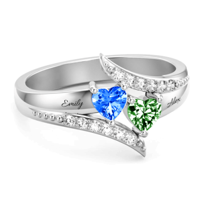 S925 Sterling Silver Personalized Double Heart Birthstone Promise Ring For Her