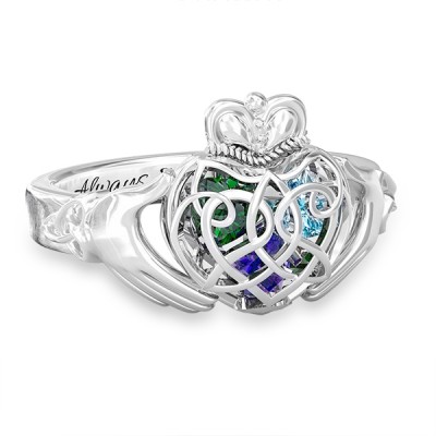 S925 Sterling Silver Personalized Caged Hearts Celtic Claddagh Ring with 1-6 Birthstones