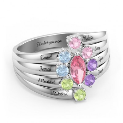 S925 Sterling Silver Personalized Custom Marquise Family Ring with 1-8 Birthstones For Mom