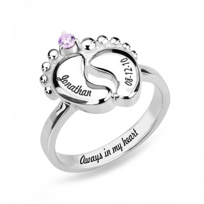 S925 Sterling Silver Personalized Engraved Baby Feet Ring With Birthstone For Mom