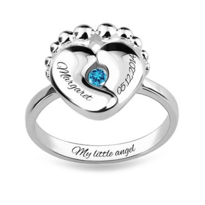 S925 Sterling Silver Personalized Engraved Baby Feet Ring With Birthstone