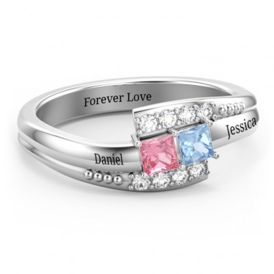 S925 Sterling Silver Princess Cut Double Bypass Birthstone Promise Ring With Engraving