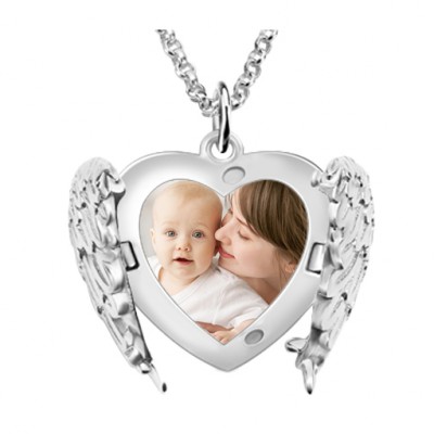 Personalized Angel Wings Heart Photo Locket Necklace