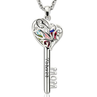 Personalized Mom Heart Cage Key Necklace With 1-8 Birthstones
