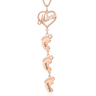 18K Rose Gold Plating Personalized Mom Necklace With Baby Feet 1-10 Pendants