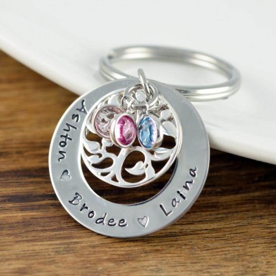Personalized 1-6 Engraving Names with Birthstone Keychain Gift For Mom and Grandma