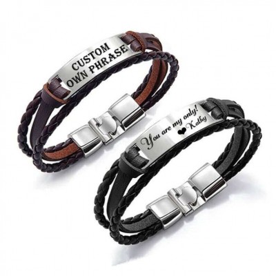 Personalized Leather Bracelet Engraved Bar Bracelet