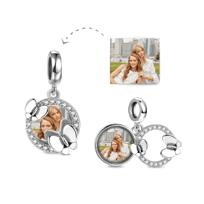 Pave CZ Photo Charm With Butterflies Silver