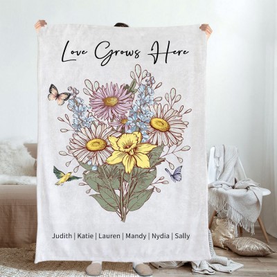 Personalized Love Grows Here Blanket With Birth Flower Bouquet Mother's Day Gift Ideas For Mom Grandma