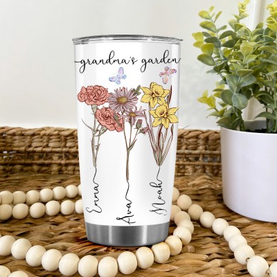 Custom Grandma's Garden Birth Flower Tumbler with Grandkids Names Gift For Mom Grandma Mother's Day Gift Ideas