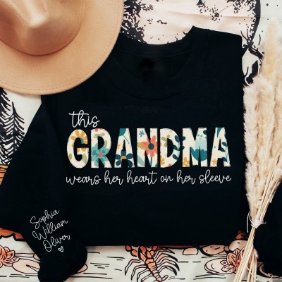 Custom Grandma Wear Her Heart On Her Sleeve Sweatshirt Hoodie Unique Birthday Gift For Mom Grandma