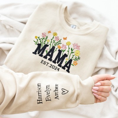Custom Mama Flower And Grass Embroidered Sweatshirt Hoodie Nice Gifts For Mom Grandma