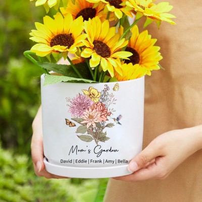 Personalized Mom's Garden Birth Flower Bouquet Outdoor Pot Family Gift Ideas For Mom Grandma Mother's Day Gifts