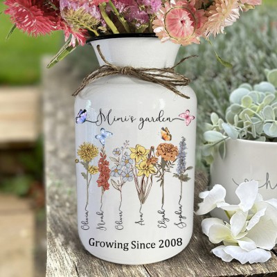 Personalized Mimi's Garden Birth Flower Vase with Kids Name Unique Mother's Day Gift Ideas