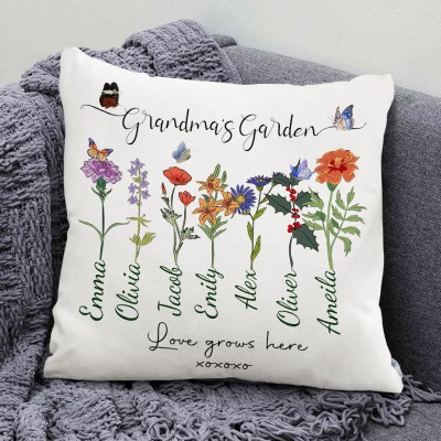 Custom Grandma's Garden Birth Flower Pillow with Kids Names Gift Ideas for Mom Grandma New Mom Gift Family Gift 