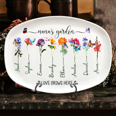Personalized Nana's Garden Birth Flower Platter Engraved with Kids Names Unique Gifts for Grandma Mom