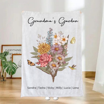 Custom Grandma's Garden Blanket With Birth Flower Bouquet Family Gifts For Grandma Mom Mother's Day Gift Ideas