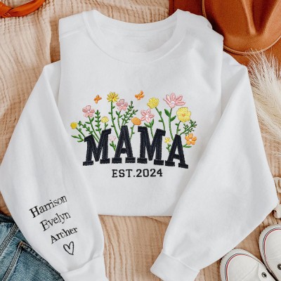 Personalized Mama Flower Grass Blooming Embroidered Sweatshirt Hoodie Meaningful Mother's Day Gifts