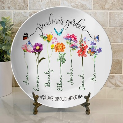 Custom Grandma's Garden Plate With Grandkids Names Family Birth Flower Platter Unique Gifts for Grandma Mom