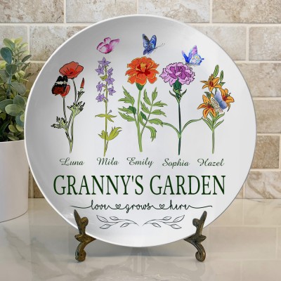 Grandma Birth Month Flower Garden Plate Personalized Family Platter Unique Gift Ideas for Mom Grandma