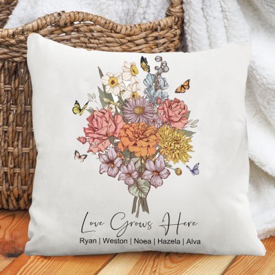 Custom Family Birth Flower Bouquet Pillow With Names Mother's Day Gifts Unique Gift Ideas for Mom Grandma