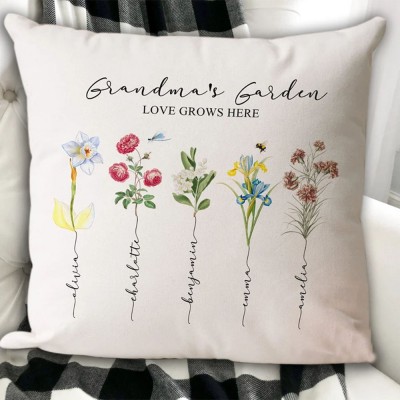 Custom Grandma's Garden Pillow with Grandkids Names Gift for Mom Grandma Birthday Gift  