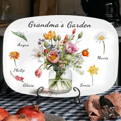 Custom Family Birth Month Flower Plate Personalized Grandma's Garden Platter with Grandkids Names Christmas Gift Ideas for Grandma Mom