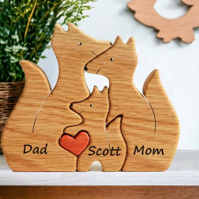 Wooden Fox Family Puzzle Personalized Animal Figurines with Names Anniversary Gifts Christmas Gifts