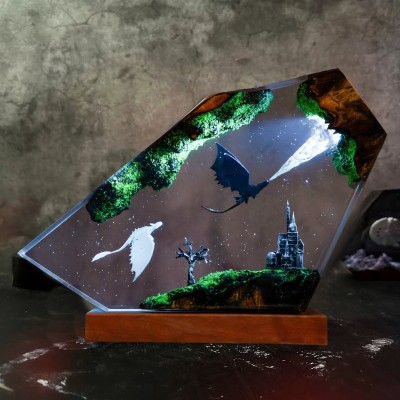 Handmade Dragon Couple Resin Wood Lamp Birthday Gift for Him Gifts for Couple Christmas Gift