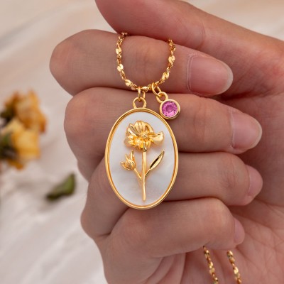 Personalized Birth Month Flower Mother Shell Gold Necklace With Birthstone Mother's Day Christmas Gift