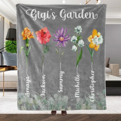 Personalized Gigi's Garden Birth Flower Blanket with Grandkid Names Gift for Gigi Grandma Mom
