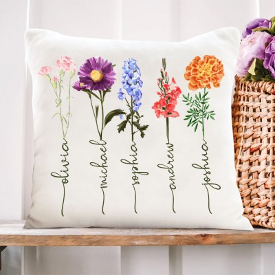 Personalized Family Garden Birth Month Flower Pillow with Engraved Names Love Gift for Grandma Mom Birthday Gift for Her