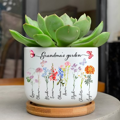 Grandma's Garden Birth Month Flower Succulent Plant Pot Custom Gifts for Grandma Mom Birthday Gifts from Grandkids