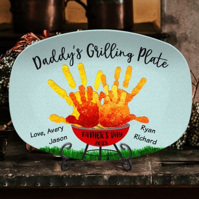 Custom Papa's Grilling Handprint Plate Engraved with Kids Name Gift for Father's Day