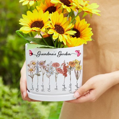 Custom Grandma's Garden Birth Flower Plant Outdoor Pot Personalized Mother's Day Gifts Heartful Gift for Mom Grandma