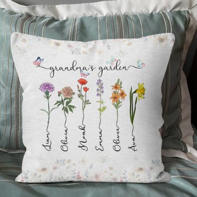 Birth Month Flower Family Personalized Pillow Birthday Gift Love Gift for Mom Grandma