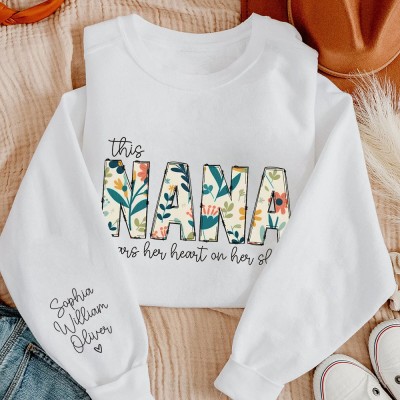 Personalized This Nana Wear Her Heart On Her Sleeve Sweatshirt Hoodie Keepsake Gift For Mom Grandma