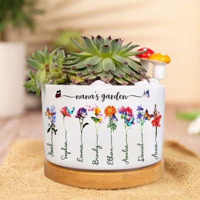 Personalized Nana's Garden Birth Flower Pot Engraved with Kids Names Unique Gifts for Grandma Mom