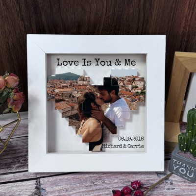 Love Is You And Me Custom Heart Building Photo Block Puzzle with Frame Gift Ideas for Valentine's Day Anniversary