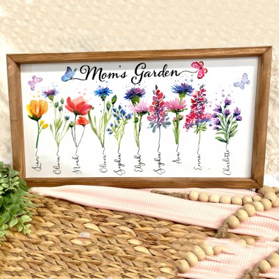 Custom Mom's Garden Art Print Birth Flower Wooden Frame Sign With Kids Name Unique Mother's Day Gifts For Mom Grandma