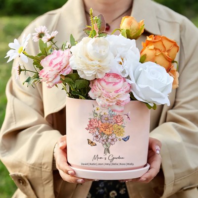 Custom Mom's Garden Art Print Watercolor Birth Flower Bouquet Pot Heartful Gift For Mom Grandma Mother's Day Gift Ideas