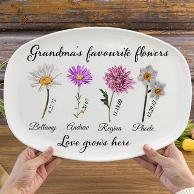 Personalized Grandma's Favorite Flowers Plate Birth Month Flower Platter with Kids Names Gift for Grandma Mom