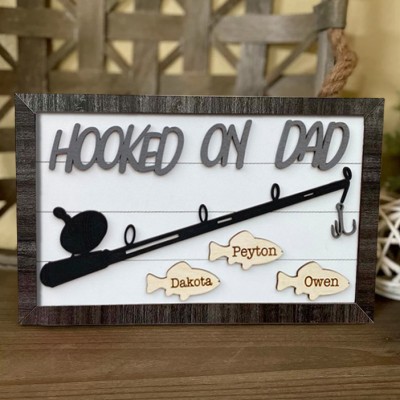 Handmade Hooked on Dad Sign Personalized Fishing Trip Gift for Him Father's Day Gift