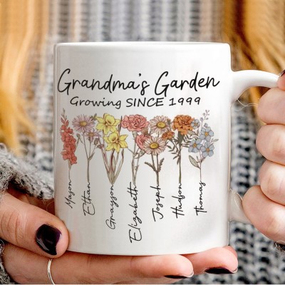 Personalized Grandma's Garden Birth Month Flower Mug with Family Names Gifts Ideas for Grandma Mom