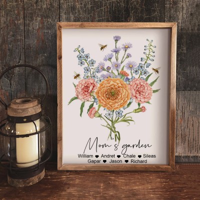 Mom's Garden Birth Month Flower Bouquet Custom Family Art Print Love Gifts for Mom Grandma Christmas Gift Ideas