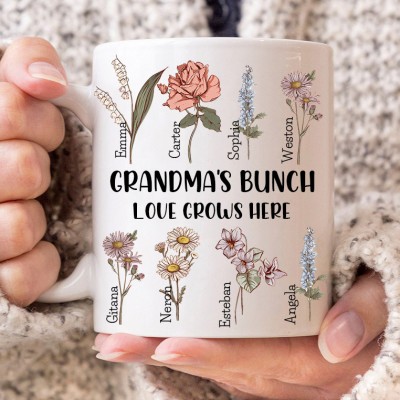 Personalized Grandma's Bunch Birth Flower Mug with Kids Names Gift Ideas for Mom Grandma